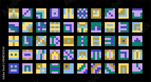 Abstract pixel symbol grid with colorful geometric tiles