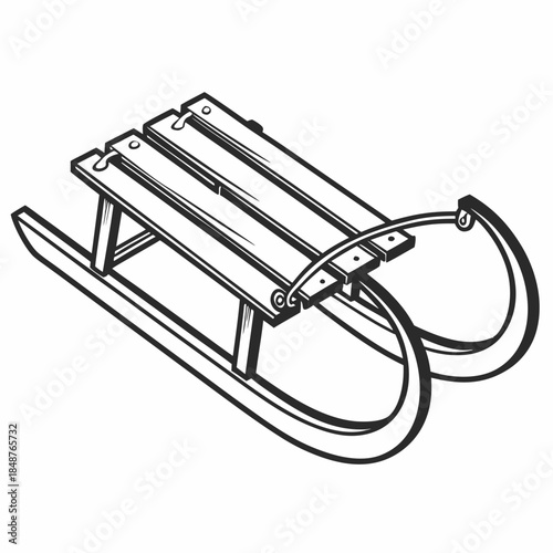 Title: A wooden sled with curved metal runners and a flat seating area designed for winter sports