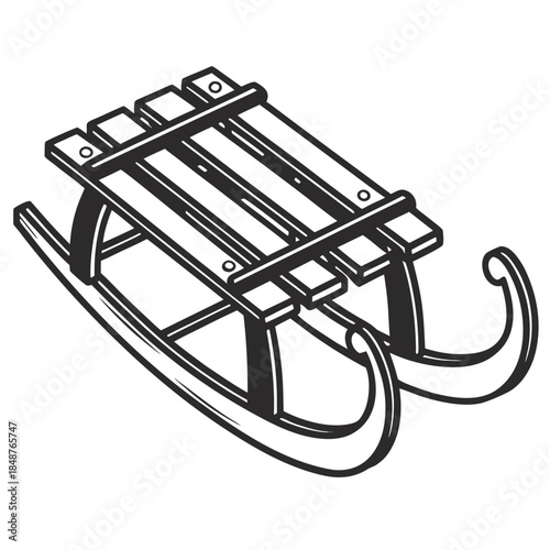 Title: A black and white of a wooden sled with a flat base and curved front and back ends
