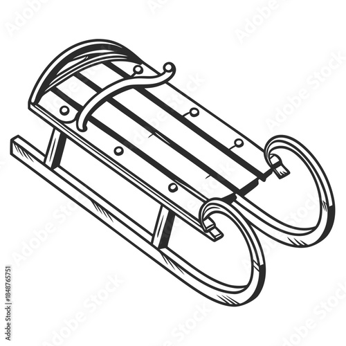 Title: A detailed of a wooden sled with curved runners and a flat base for sliding on snow