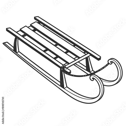 Title: Isolated line of a wooden sled with curved front and rear runners and decorative swirls on