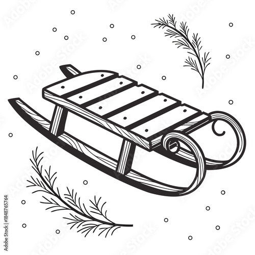 Title: A detailed of a wooden sled with curved runners and a flat base for sliding on snow