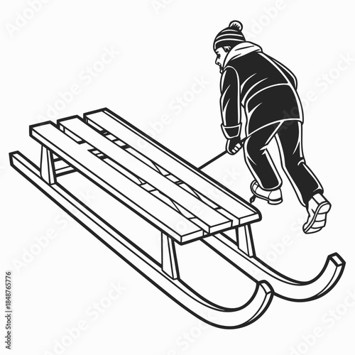 Title: Detailed line of a wooden sled with curved front and rear runners and decorative swirls on