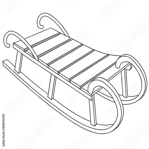 Title: Person in winter clothing climbing onto a wooden sled with curved front and rear runners