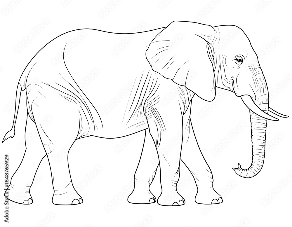 Fototapeta premium Linear illustration of a large walking elephant, grayscale, side view