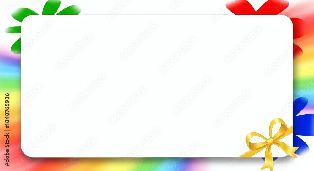 Fototapeta premium Blank white card with colorful ribbon bows on rainbow background, celebration, gift, and festive theme