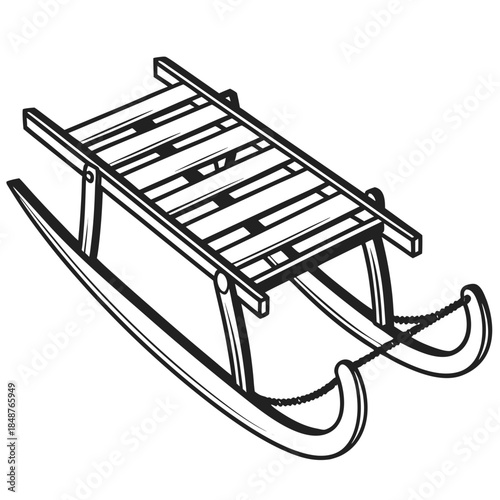 Title: A black and white of a rustic sled with a flat seating area and simple runners
