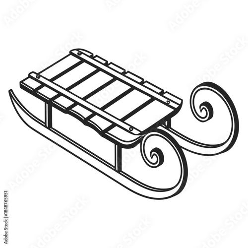 Title: A black and white of a vintage sled with ornate swirls and a flat seating area