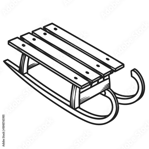 Title: A black and white line of a wooden sled with curved front and back ends and a rope handle