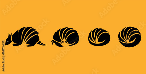 Minimal armadillo illustration showing progressive curling movement on vibrant yellow background, graphic animal design with bold contrast, symbolic motion and clean modern vector aesthetic