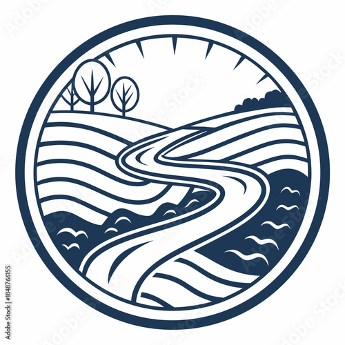 Title: A winding path through a landscape with trees and a river in a circular frame