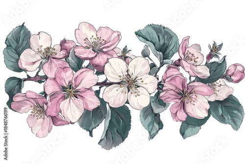 A vibrant spring scene with a variety of flowers and leaves, set against a backdrop of a clear blue sky.