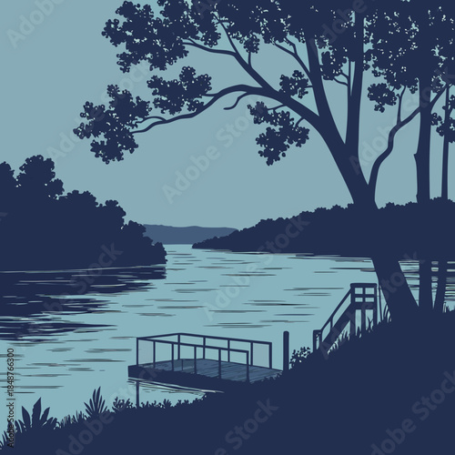 Title: A of a serene lake scene with a wooden dock and trees pier silhouette