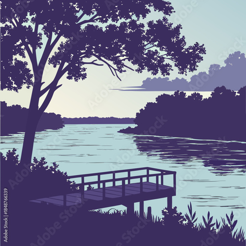 Title: A of a tranquil lake scene with a wooden dock and trees pier