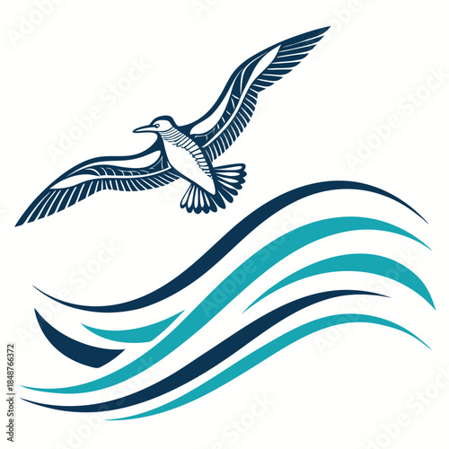 Title: A stylized of a bird flying over wavy lines representing water or wind