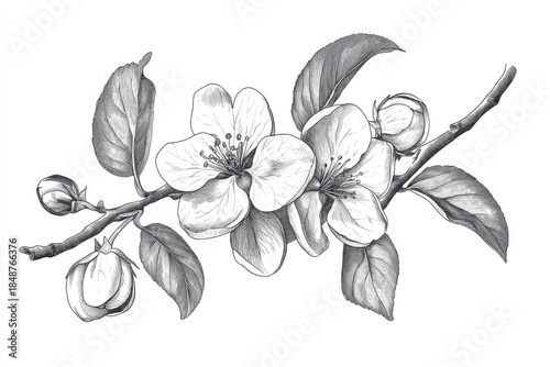 A black and white sketch of a branch with leaves and flowers, set against a white background.