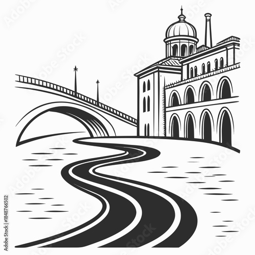 Title: A detailed of a historic building with arched windows and a dome situated beside a winding