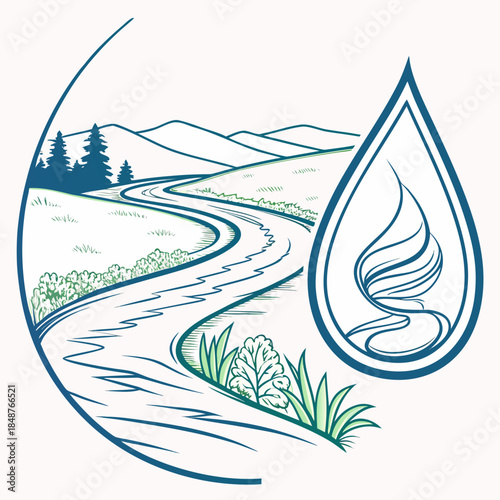 Title: A winding path through a mountainous landscape with trees and plants in a detailed and