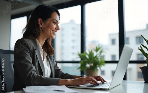 businesswoman professional worker working online doing job on laptop at desk, smiling female employee executive typing message using corporate computer software for business in modern office.