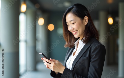 40s mature Asian business woman manager ceo using cellphone mobile phone trade app. Mature female businesswoman holding smartphone in office for trading, work chatting, looking at screen. Vertical