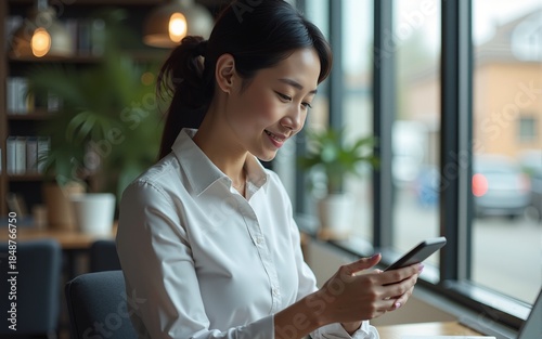 40s mature Asian business woman manager ceo using cellphone mobile phone trade app. Mature female businesswoman holding smartphone in office for trading, work chatting, looking at screen. Vertical