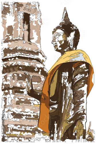 Sketch-style impressionnist painting,A bronze statue of Buddha and old pagoda,Digital illustration vector image  