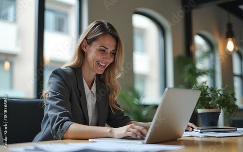 Smiling businesswoman using laptop in office. Side view of content middle aged businesswoman using laptop computer in modern office. Technology and business concept. High quality