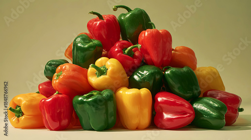 Colorful assortment of bell peppers stacked in a pyramid formation, showcasing vibrant hues of red, yellow, green, and orange against a soft, neutral background, emphasizing freshness and variety