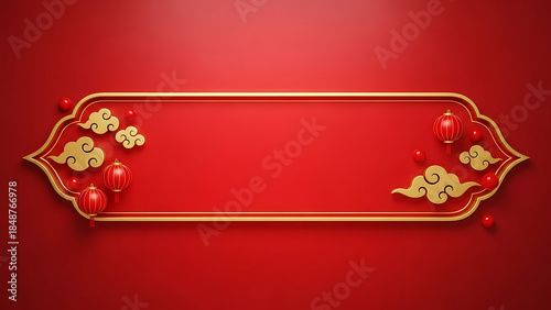 Golden frame with red ribbon and metallic key design on red background