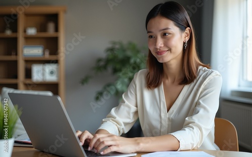 Asian woman senior consultant is using laptop to chat online and take notes at work meeting at home in living room earnestly and deliberately. High quality