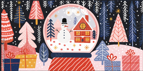 Whimsical snow globe scene with snowman and cozy house in winter wonderland