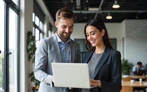 Professional businessman and businesswoman standing in a modern office, collaborating and smiling while reviewing work together on a laptop. High quality