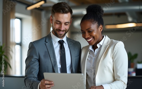 Professional businessman and businesswoman standing in a modern office, collaborating and smiling while reviewing work together on a laptop. High quality