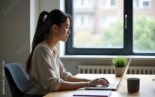 Side view of senior female manager sitting at her office and using laptop computer. High quality