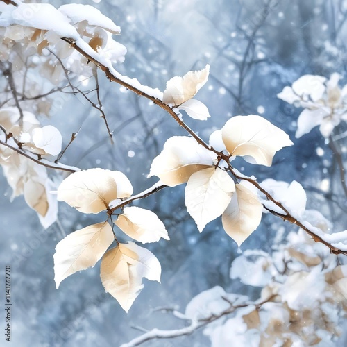 Elegant winter ecology background, snow-covered leaves and branches