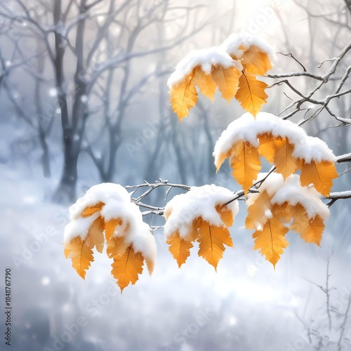 Elegant winter ecology background, snow-covered leaves and branches