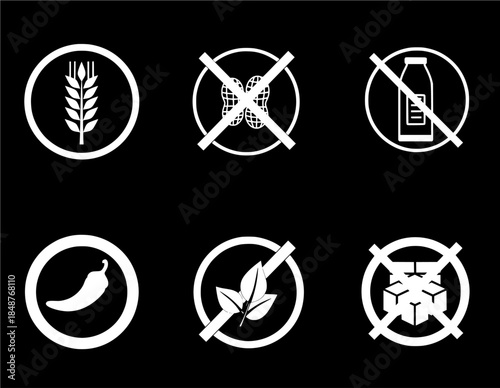 Set of Icons for Food Allergies and Dietary Restrictions - Wheat-Free, Nut-Free, Dairy-Free, Spicy, Gluten-Free, Sugar-Free
