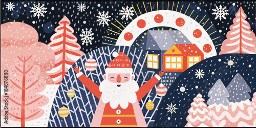 Santa Claus spreading holiday cheer in snowy village at night