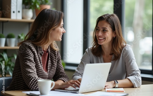Two business women of young and middle age talking working in Teamwork Finance, Marketing at the office. High quality