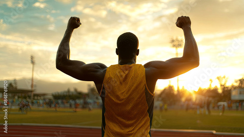 African American man in athletic wear raises arms triumphantly against a sunset backdrop, celebrating victory on a sports field, showcasing determination and achievement