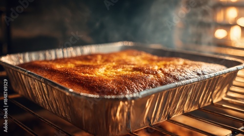 Freshly baked golden brown cornbread in an aluminum foil pan inside a hot oven with steam rising