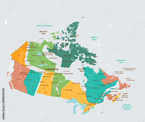 Colorful Canada Map with Provincial Borders and Major City Location Markers