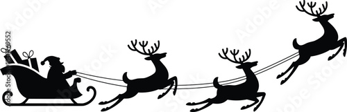 Santa Claus silhouette, flying sleigh, Christmas reindeer, festive holiday scene, winter night, gift delivery, magical ride, seasonal celebration, black illustration