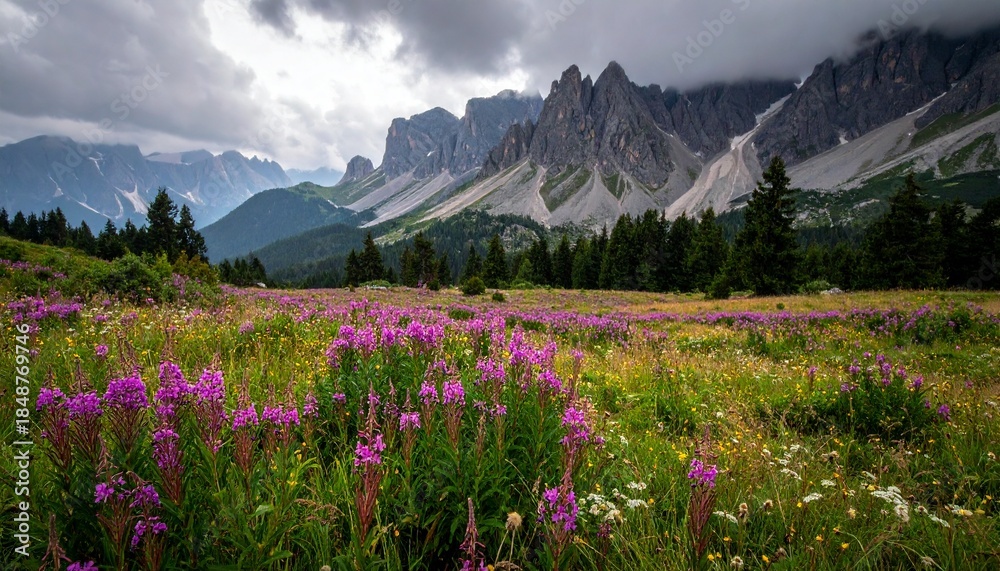 Fototapeta premium A meadow of purple fireweed and other wildflowers before a jagged rocky mountain range under a dramatic overcast sky