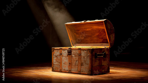 Wooden treasure chest with an open lid, illuminated by a beam of light, showcasing intricate details and textures, creating a mysterious and inviting atmosphere