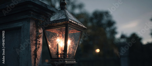 Vintage lantern illuminating a garden path at dusk, casting warm light on surrounding foliage, creating a serene and inviting atmosphere in the evening landscape