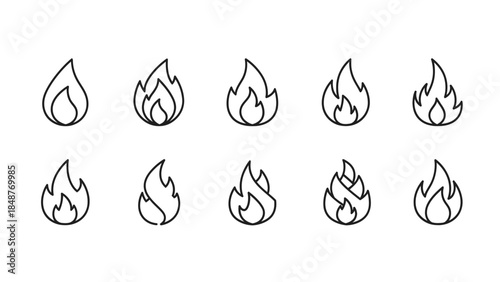 set of black and white icons of fire flame