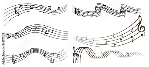 Music notes wave. Flowing musical staff lines with notes, clefs and melody rhythm patterns in dynamic circular, spiral and wavy shapes.