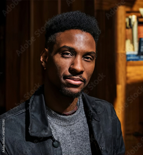 African American man with stylish hair wearing a black jacket, poses confidently in a warm, wooden interior, showcasing a blend of modern fashion and natural light
