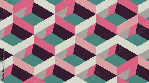 Geometric Pattern with Pink, Green, and Purple Colors in 3D Chevron Design